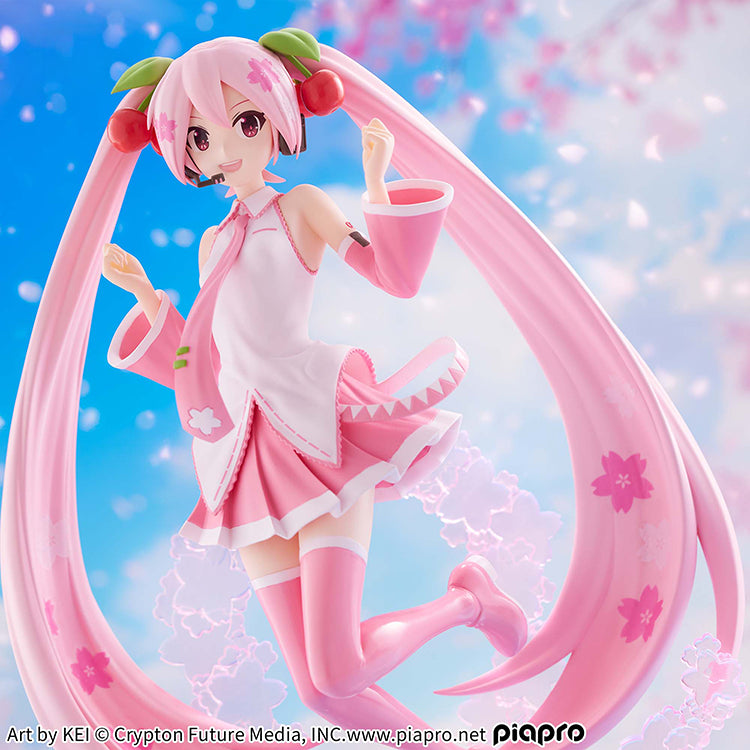 Sakura Miku Hatsune Miku BANPRESTO EVOLVE figure with translucent pink twin-tails and cherry blossom-themed Vocaloid outfit.