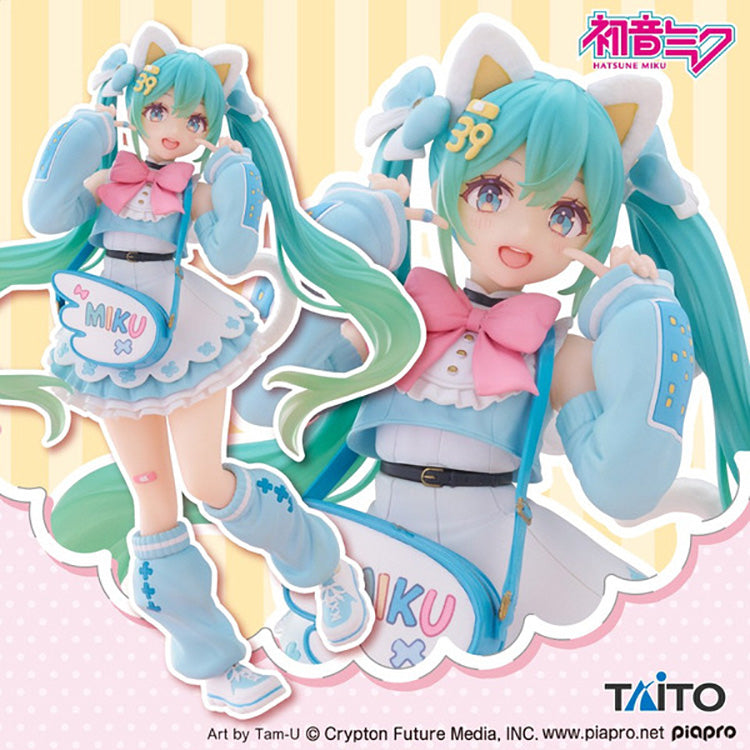 Promotional collage of the Taito Fashion Figure Hatsune Miku (Fancy Ver.) showing full-body and close-up views of the 7-inch collectible in her blue and pink outfit.