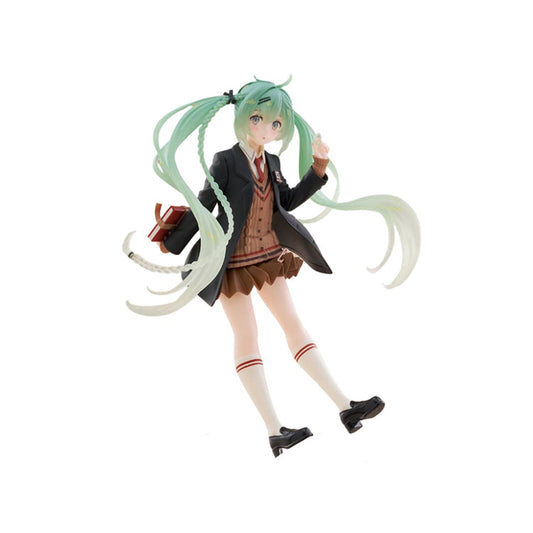 Hatsune Miku Preppy Version figure by Taito, wearing a knit vest and plaid skirt with school accessories and twin-tails, posed in a stylish preppy outfit.