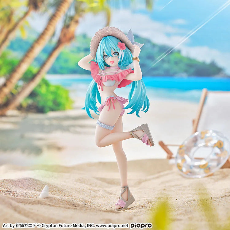 SEGA Luminasta Hatsune Miku Tropical Ver. figure in pink ruffled bikini and sun hat, posing on one leg on a beach