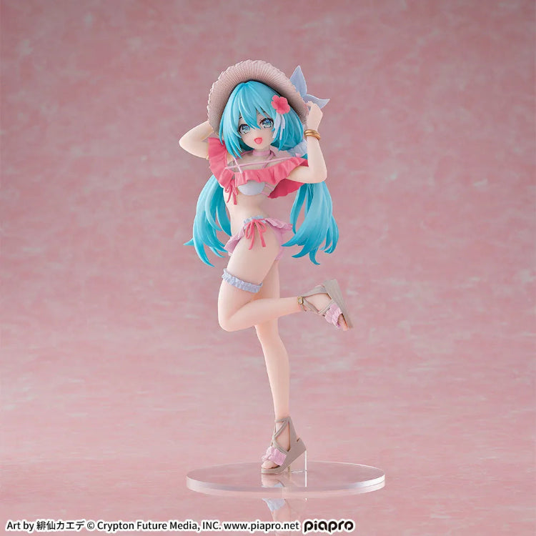 Hatsune Miku Luminasta figure detail of coral bikini, frilly garter and platform wedge sandals, approx. 21 cm