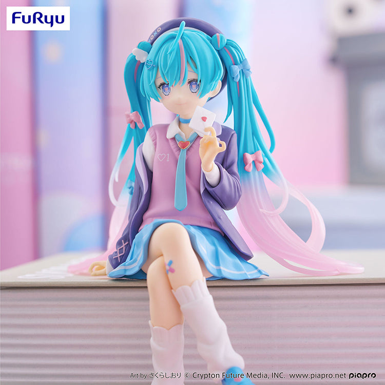 Hatsune Miku Love Blazer Navy Color Noodle Stopper figure in sitting pose with detailed twin tails and navy outfit.