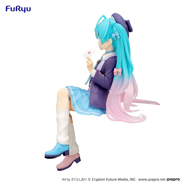 Hatsune Miku Love Blazer Navy Color Noodle Stopper figure in sitting pose with detailed twin tails and navy outfit.