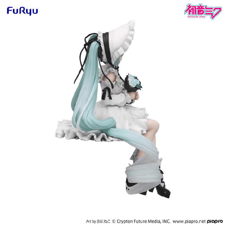 Side profile of Hatsune Miku Vintage Doll Style Noodle Stopper Figure by FuRyu, showing the sitting pose and long flowing teal pigtails.