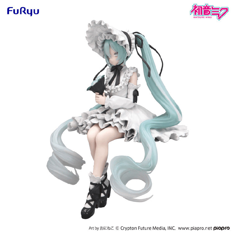 Diagonal side view of the Hatsune Miku Noodle Stopper Figure in Vintage Doll Style, showing the layered ruffles and corset-style sleeve details.