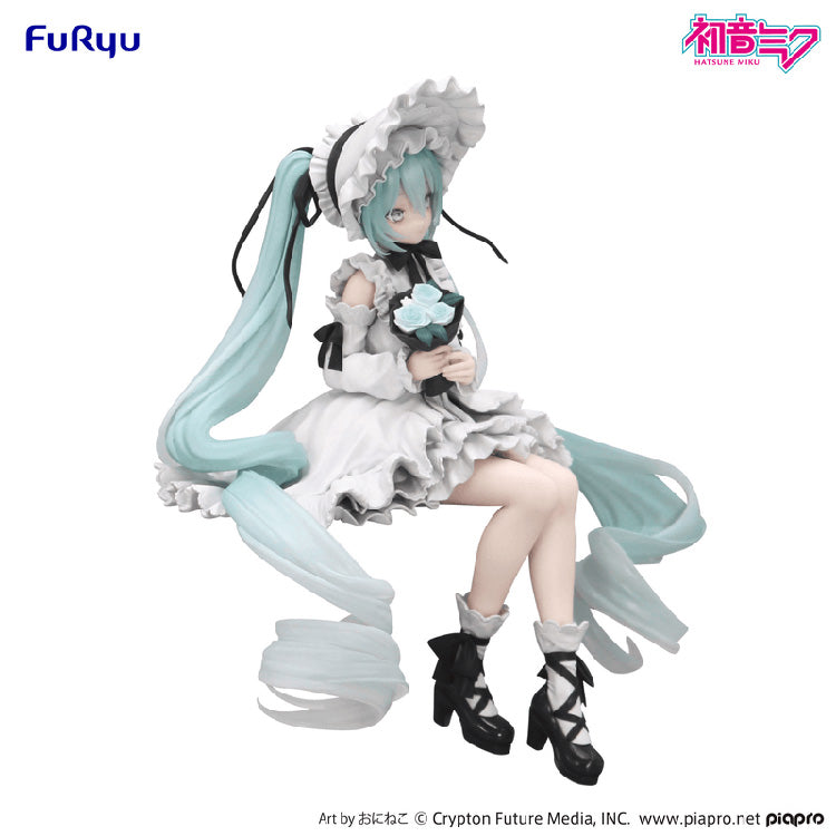 3/4 angle view of FuRyu Hatsune Miku Vintage Doll Style figure, highlighting the Victorian-inspired dress and lace-up black boots.