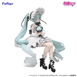 3/4 angle view of FuRyu Hatsune Miku Vintage Doll Style figure, highlighting the Victorian-inspired dress and lace-up black boots.