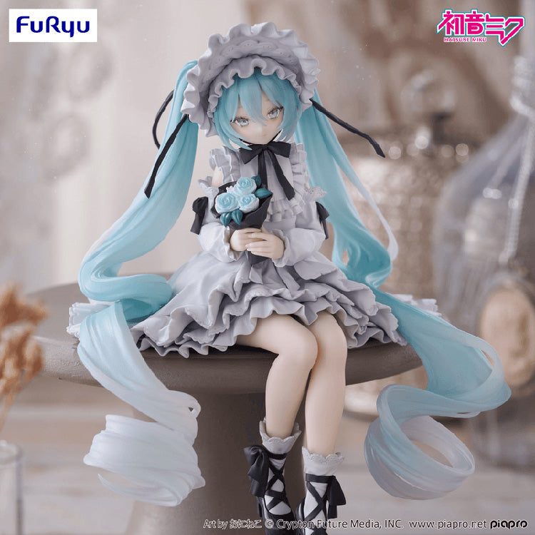 High-detail front view of the Hatsune Miku Vintage Doll Style figure holding a bouquet in a warm, atmospheric collector's setting.