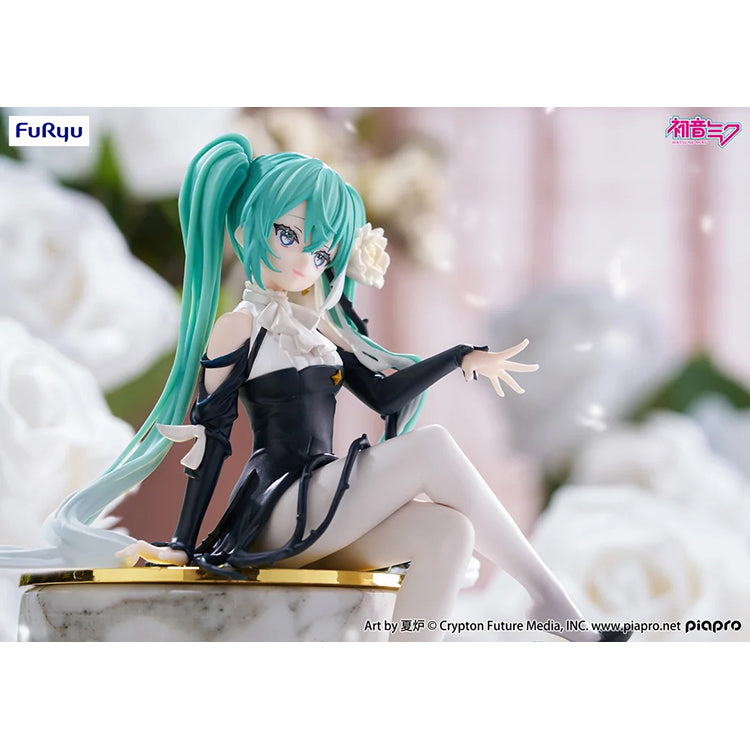 FuRyu Hatsune Miku Flower Fairy White Rose Noodle Stopper Figure. Whimsical sitting Vocaloid anime collectible.