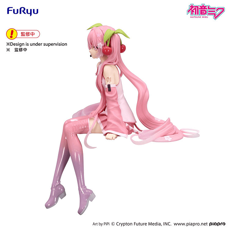FuRyu Hatsune Miku Noodle Stopper Figure, Sakura Miku 2026 Ver. sitting collectible with pink cherry blossom details.