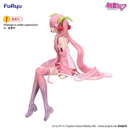 FuRyu Hatsune Miku Noodle Stopper Figure, Sakura Miku 2026 Ver. sitting collectible with pink cherry blossom details.