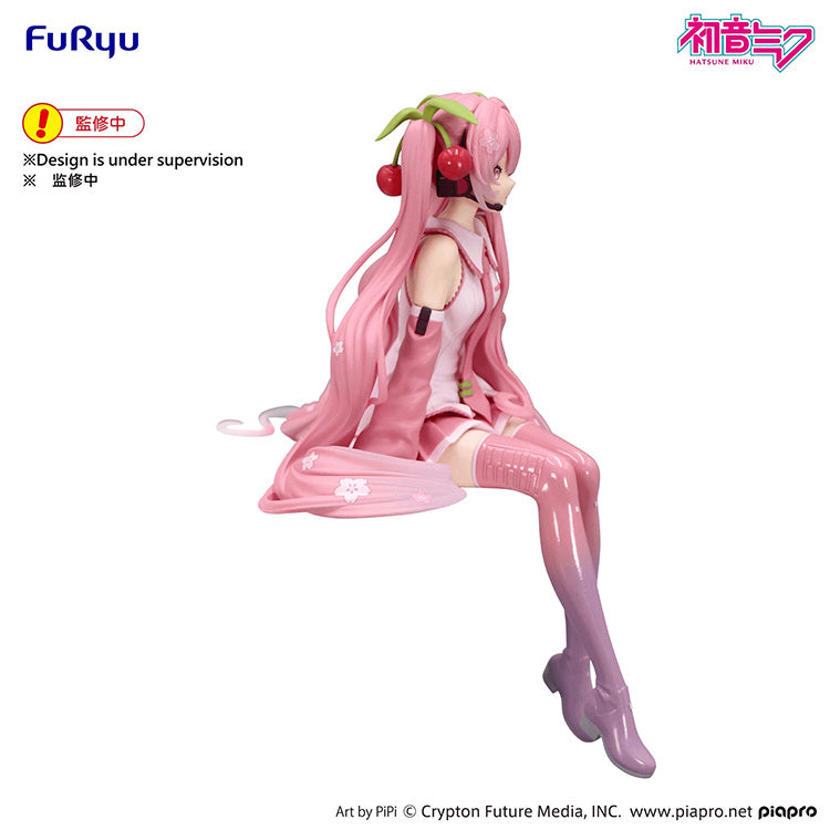 FuRyu Sakura Miku 2026 Ver. Noodle Stopper Figure, a pink pastel Vocaloid collectible for desk or cup display.