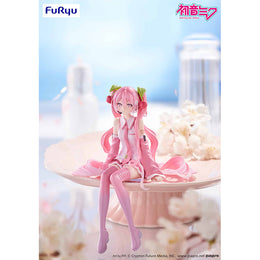 FuRyu Sakura Miku 2026 Ver. Noodle Stopper Figure in pink cherry blossom outfit perched on a display rim.