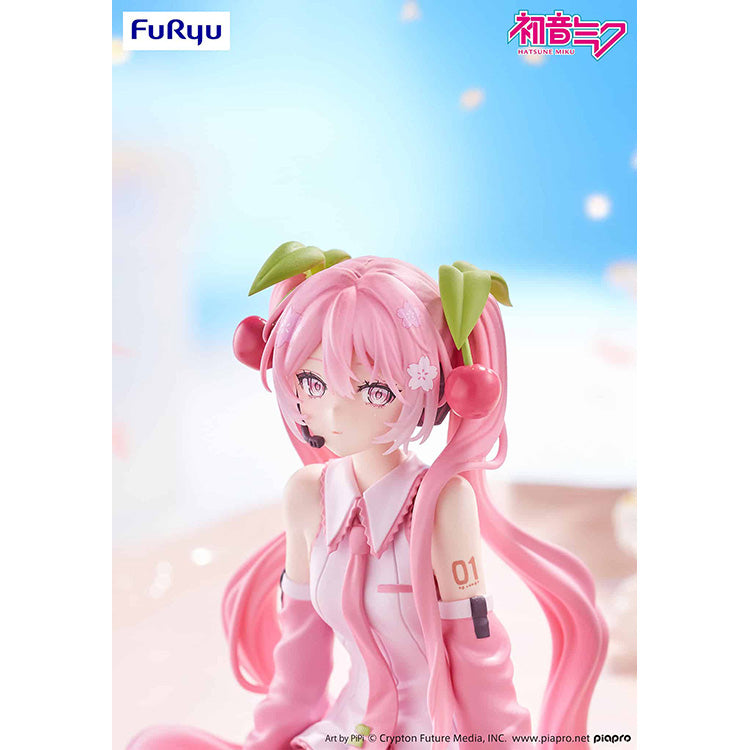 FuRyu Sakura Miku 2026 Noodle Stopper Figure, pastel pink Hatsune Miku anime collectible with cherry blossom details.