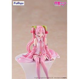 FuRyu Sakura Miku 2026 Noodle Stopper Figure featuring pink cherry blossom hair and sitting pose for cup rims.