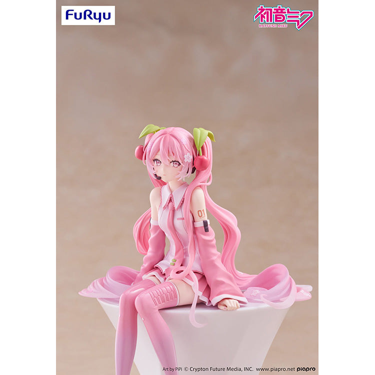 FuRyu Sakura Miku 2026 Ver. Noodle Stopper Figure sitting in a pink cherry blossom themed outfit and pastel twin tails.