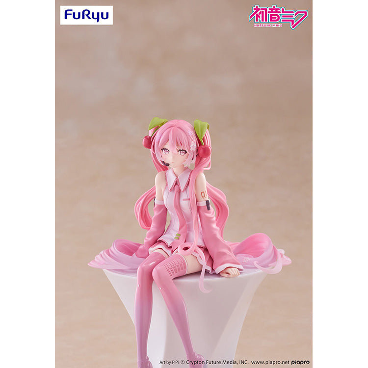 FuRyu Sakura Miku 2026 Ver. Noodle Stopper Figure, pastel pink Hatsune Miku collectible for cup rims and shelf display.