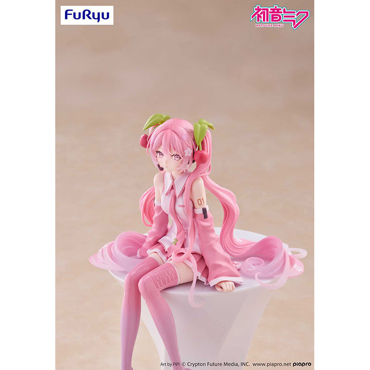 FuRyu Sakura Miku 2026 Noodle Stopper Figure, pastel pink cherry blossom Hatsune Miku sitting anime collectible.