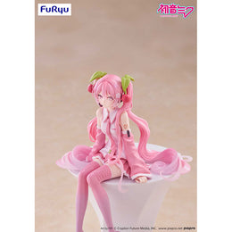 FuRyu Sakura Miku 2026 Noodle Stopper Figure, pastel pink cherry blossom Hatsune Miku sitting anime collectible.