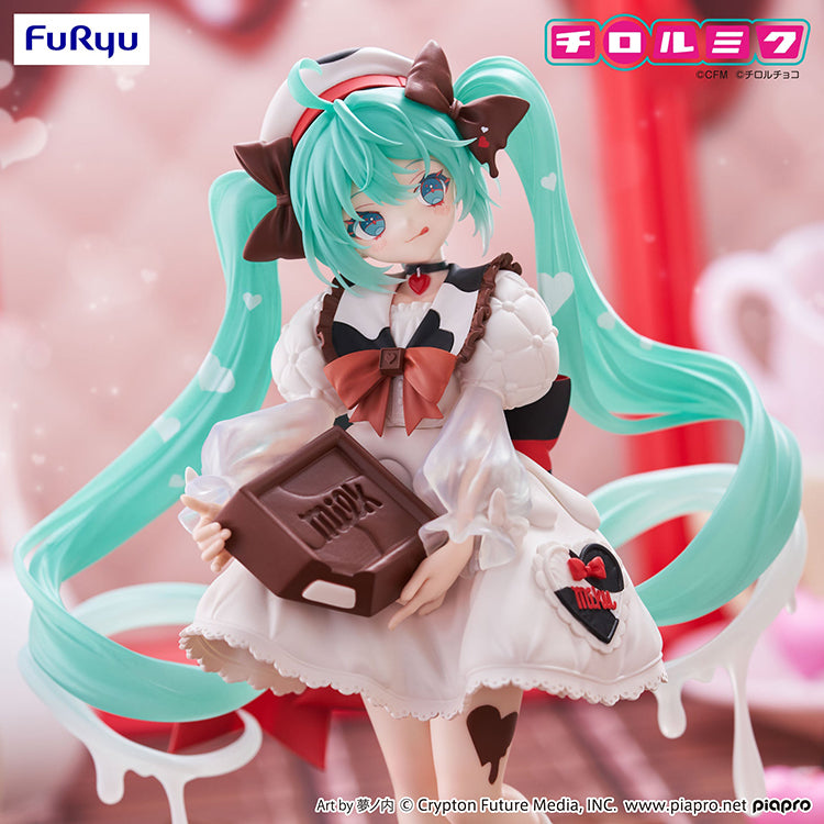 FuRyu Trio-Try-iT Hatsune Miku Milk Version Vocaloid figure holding TIROL CHOCO bar with teal pigtails.
