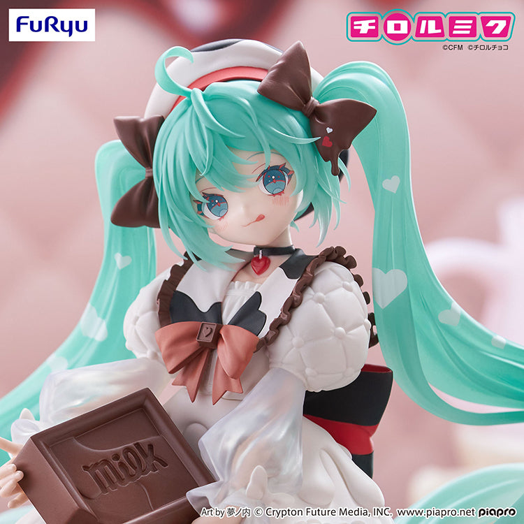 FuRyu Trio-Try-iT Hatsune Miku Milk Version TIROL CHOCO collab figure featuring teal twin-tails and chocolate bar.
