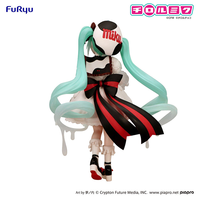 FuRyu Hatsune Miku Milk Version figure back view with cow-print beret, mint twin-tails, and large black and red bow.