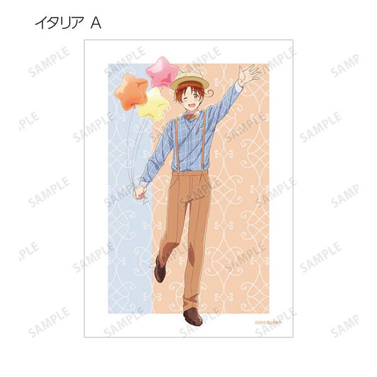 Trading Bromide - Hetalia World Stars Amusement Park ver. - Italy A
Features a full-body illustration of Italy from Hetalia World Stars in the Amusement Park ver. outfit, winking and smiling. He is wearing a blue plaid shirt with suspenders and a cat-ear boater hat while holding star-shaped balloons against a pastel patterned background. Official anime merchandise.