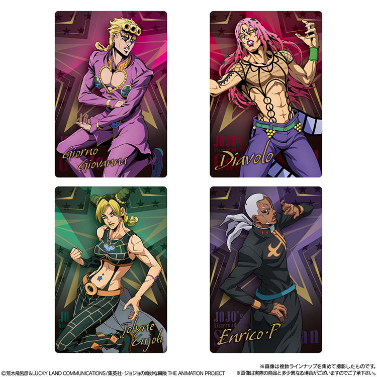 JoJo's Bizarre Adventure Special II metallic cards featuring Giorno, Diavolo, Jolyne Cujoh, and Enrico Pucci.