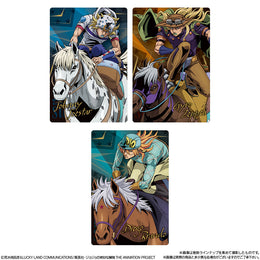 Steel Ball Run metallic cards: Johnny Joestar, Gyro Zeppeli, and Diego Brando on horseback, Bandai Shokugan.
