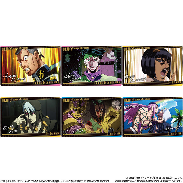 JoJo's Bizarre Adventure Animation Special II metallic wafer cards featuring Rohan, Bucciarati, Risotto, and Ermes.