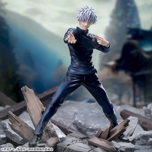 Static figure of a Satoru Goji from Jujutsu Kaisen in a dynamic pose on a rocky base with wooden elements.