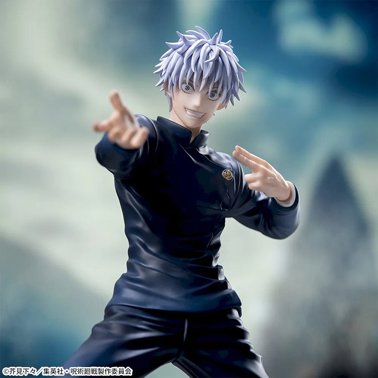 Static figure of a Satoru Goji from Jujutsu Kaisen in a dynamic pose on a rocky base with wooden elements.