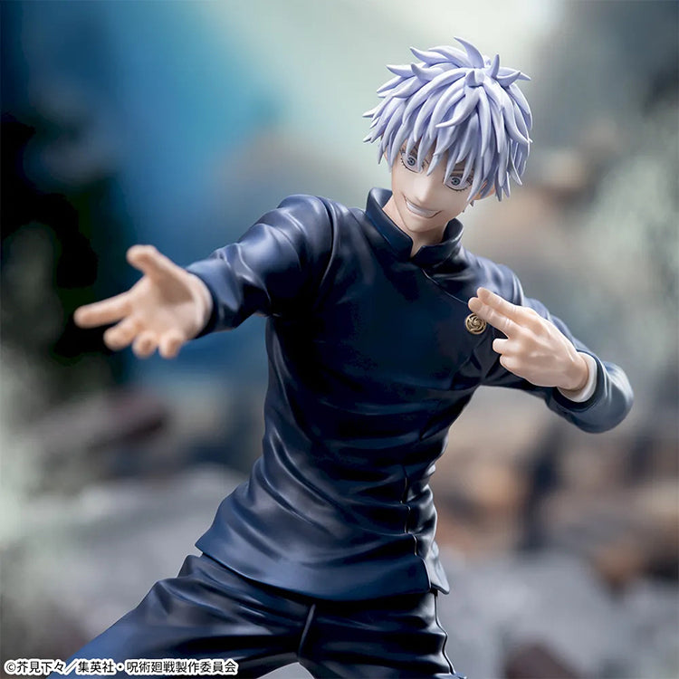 Static figure of a Satoru Goji from Jujutsu Kaisen in a dynamic pose on a rocky base with wooden elements.