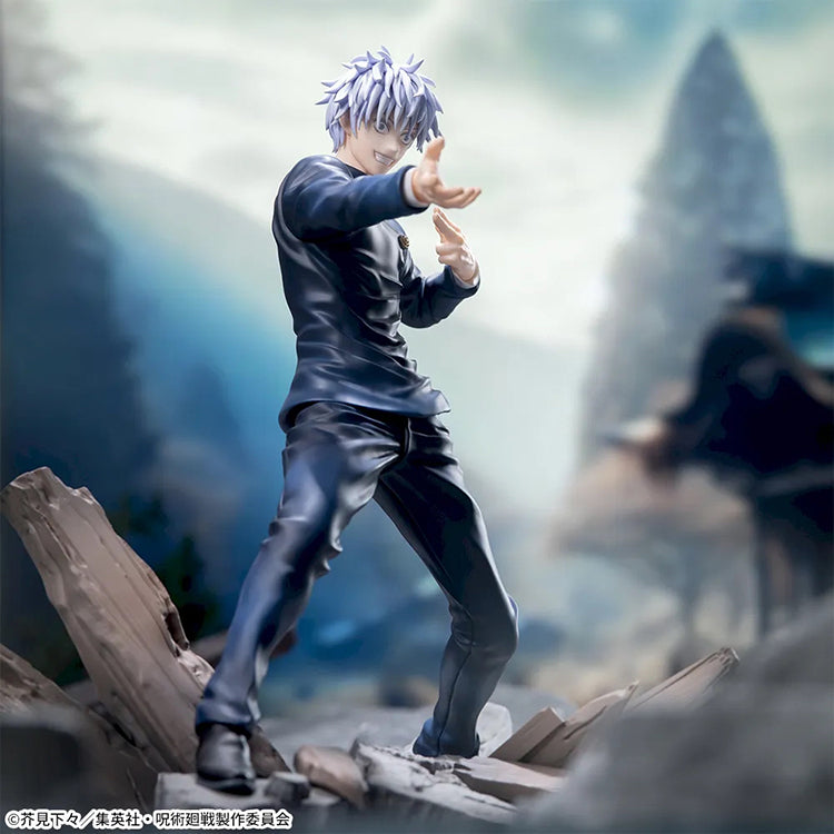 Static figure of a Satoru Goji from Jujutsu Kaisen in a dynamic pose on a rocky base with wooden elements.