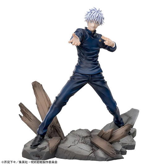 Static figure of a Satoru Goji from Jujutsu Kaisen in a dynamic pose on a rocky base with wooden elements.