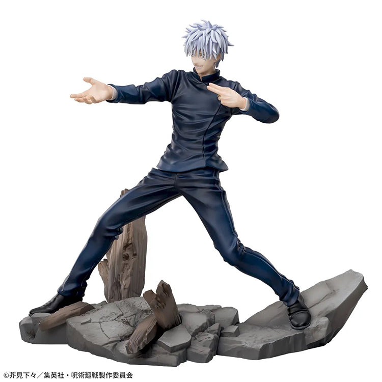 Static figure of a Satoru Goji from Jujutsu Kaisen in a dynamic pose on a rocky base with wooden elements.