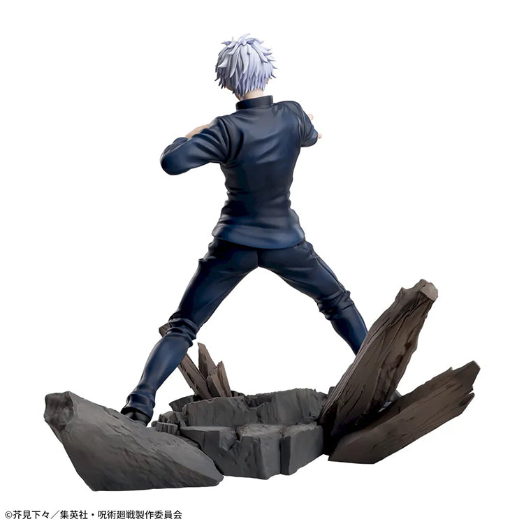 Static figure of a Satoru Goji from Jujutsu Kaisen in a dynamic pose on a rocky base with wooden elements.