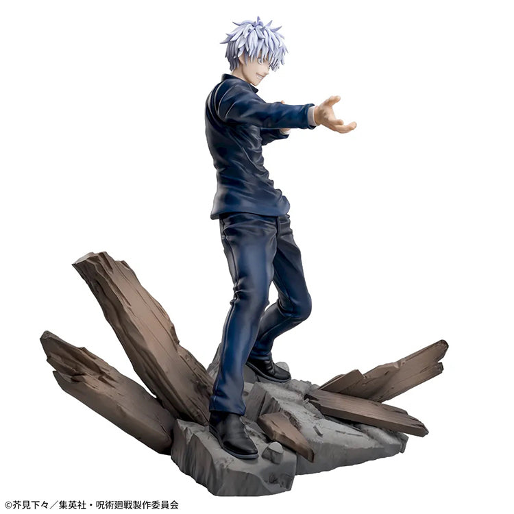 Static figure of a Satoru Goji from Jujutsu Kaisen in a dynamic pose on a rocky base with wooden elements.