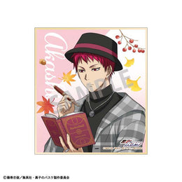 A mini shikishi featuring Seijuro Akashi with his vibrant red hair and a black fedora. He is wearing a grey plaid blazer over a black turtleneck while holding an open pink book and pen, set against a warm autumn-themed background with falling maple leaves and his name in large white script.