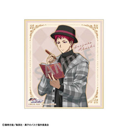 A mini shikishi featuring Seijuro Akashi with his vibrant red hair and a black fedora. He is wearing a grey plaid blazer and silver pendant while holding an open pink book, set against a pink and purple checkerboard background framed by elegant gold filigree borders.