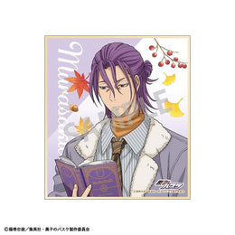 A mini shikishi featuring Atsushi Murasakibara with his long purple hair tied back. He is wearing a grey scarf and purple cardigan while holding a purple book, set against a warm autumn-themed background.