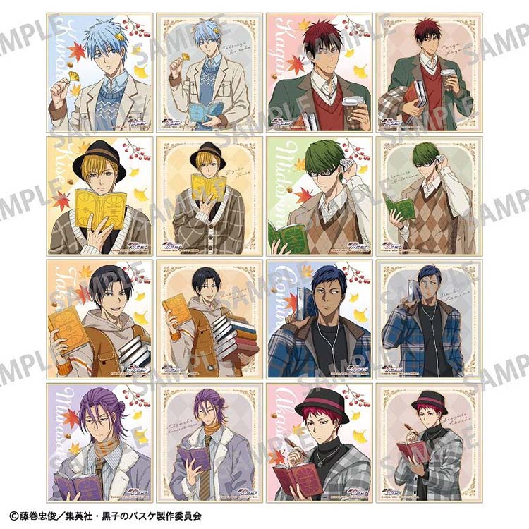 A grid layout showing all 16 mini shikishi art boards from the Kuroko's Basketball "Autumn Reading" series, featuring various characters like Kuroko, Kagami, and the Generation of Miracles in seasonal autumn attire.