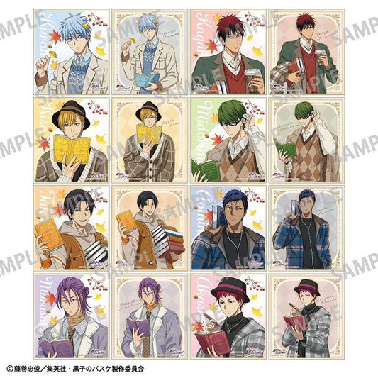A grid layout showing all 16 mini shikishi art boards from the Kuroko's Basketball "Autumn Reading" series, featuring various characters like Kuroko, Kagami, and the Generation of Miracles in seasonal autumn attire.