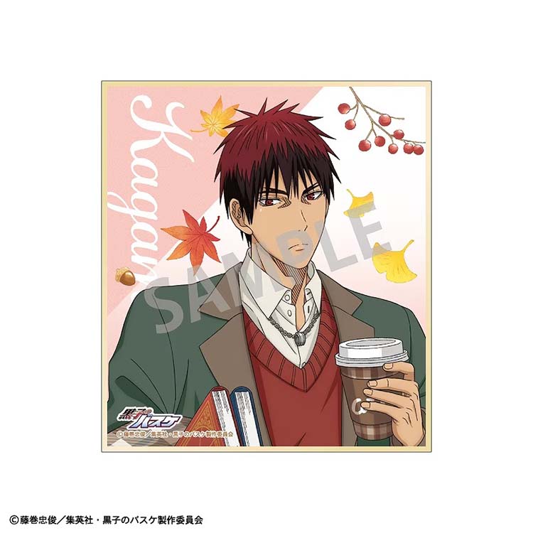 A mini shikishi art board featuring Taiga Kagami from Kuroko's Basketball dressed in a red sweater and brown coat. He is holding a takeout coffee cup and two books against a seasonal background of red maple and yellow ginkgo leaves.