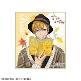 A mini shikishi art board showcasing Ryota Kise wearing a stylish dark fedora and a patterned cardigan. He is smiling while holding a yellow book titled 