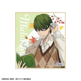 A mini shikishi art board featuring Shintaro Midorima with his signature green hair and glasses. He is wearing a cozy diamond-patterned sweater vest and holding a green book titled 