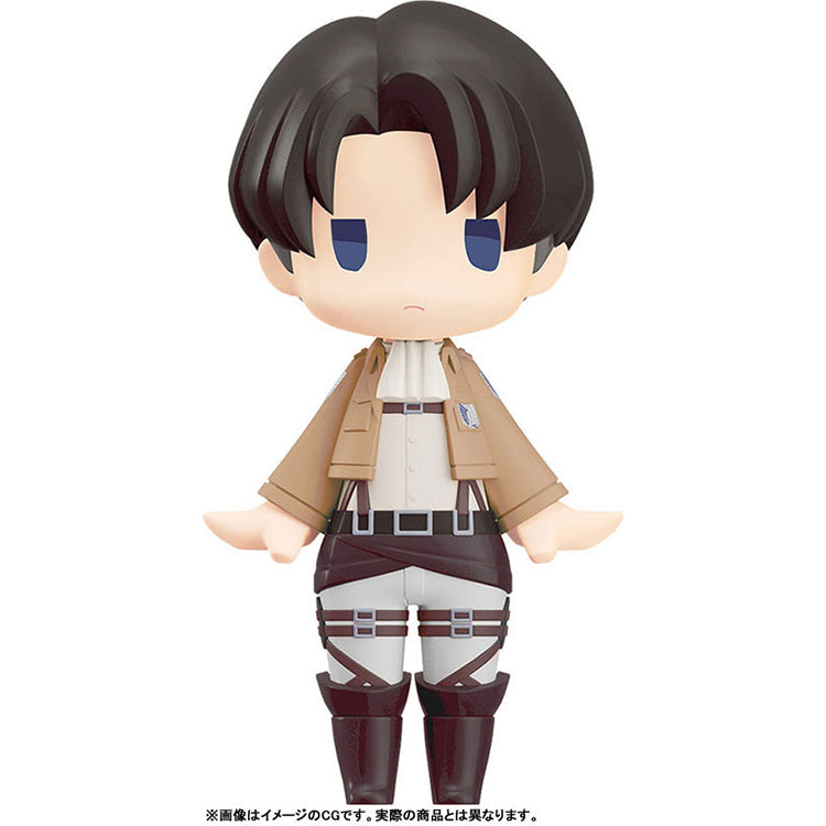 Levi HELLO! GOOD SMILE figure from Attack on Titan, front view in Survey Corps uniform with ODM gear harness
