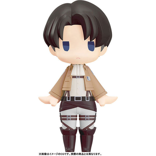 Levi HELLO! GOOD SMILE figure from Attack on Titan, front view in Survey Corps uniform with ODM gear harness