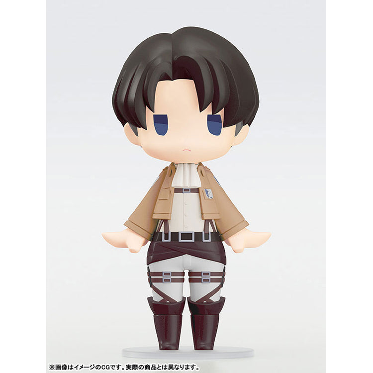 Levi HELLO! GOOD SMILE Attack on Titan figure, front view standing on clear display stand against grey backdrop