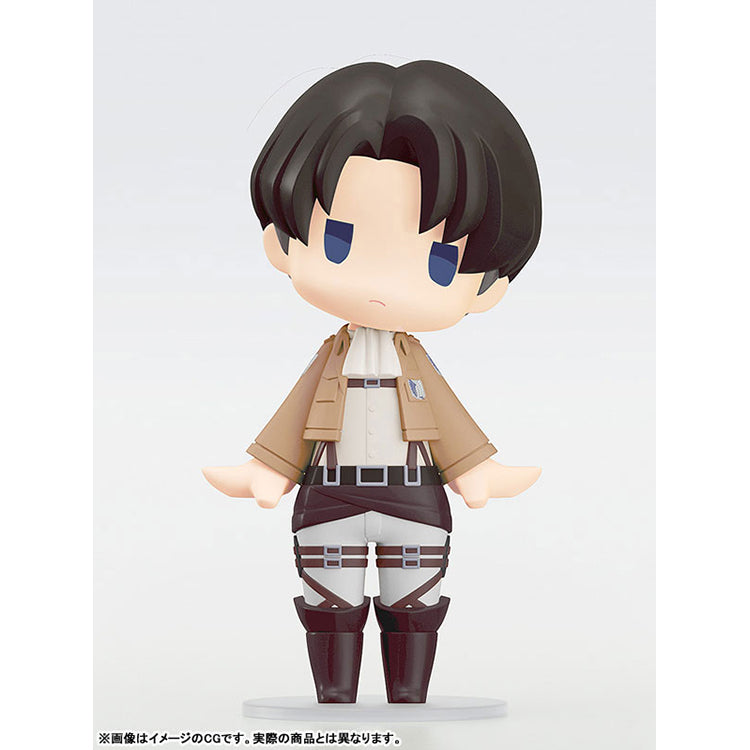Levi HELLO! GOOD SMILE Attack on Titan figure with head tilted to one side, standing on clear display stand